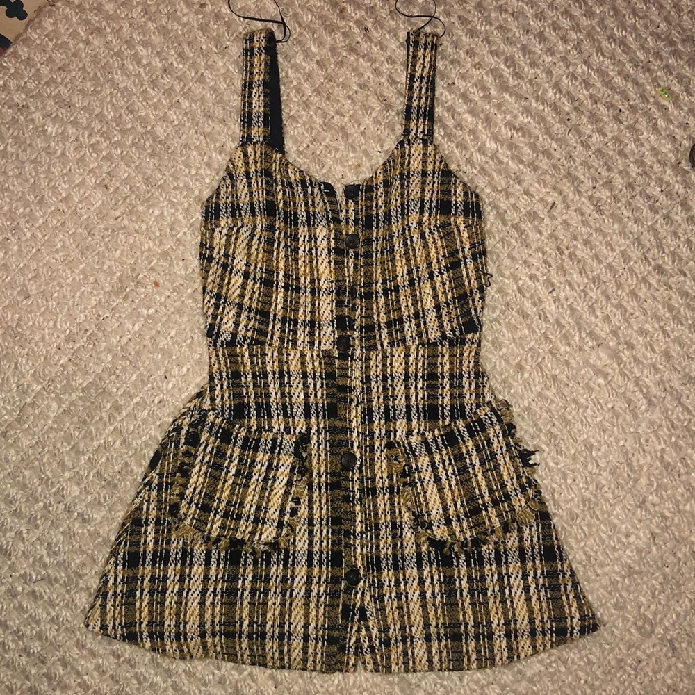 Yellow and Black knit plaid button up dress